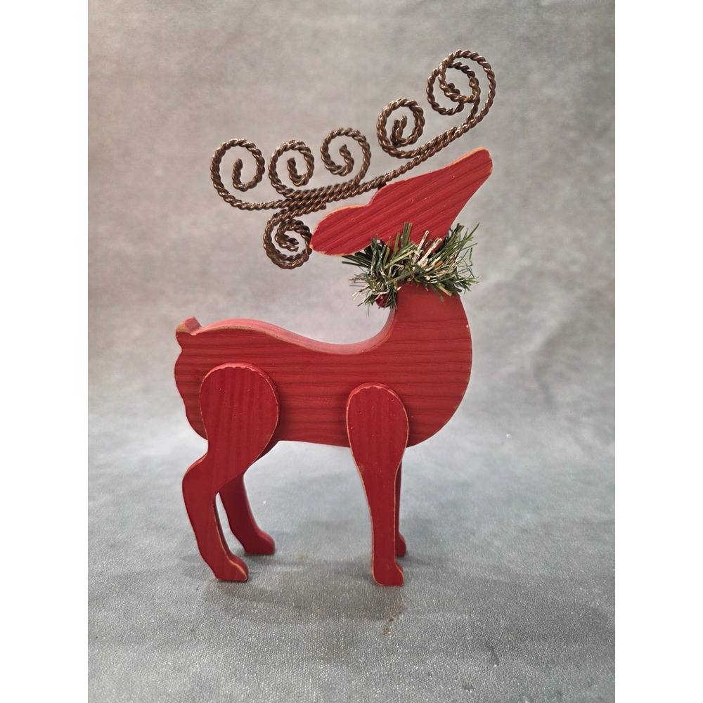 Rustic Red Wooden Reindeer Figurine Christmas Decor Wire Antlers Wreath 10.5in